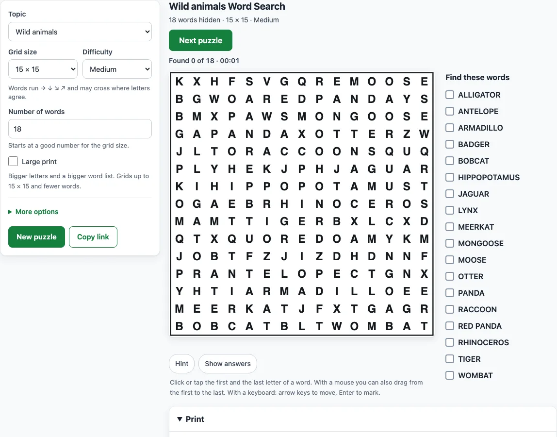 Animal word search example