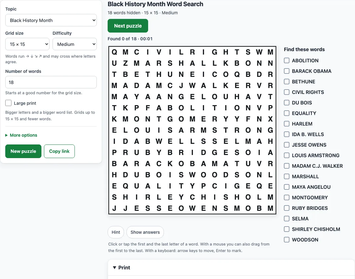 Black history month word search example