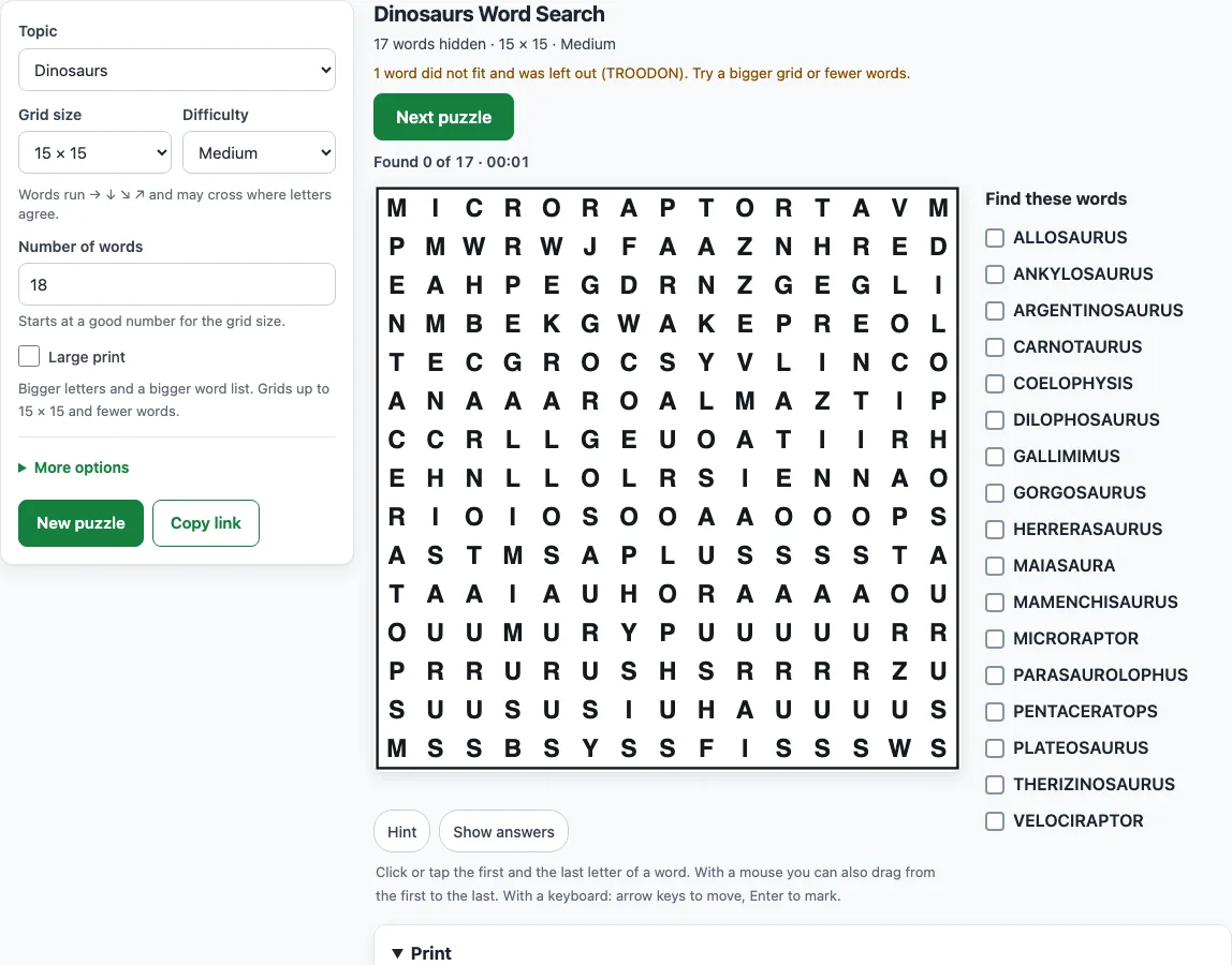 Dinosaur word search example