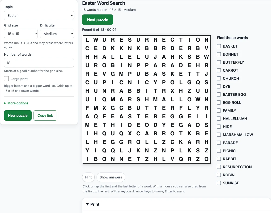 Easter word search example