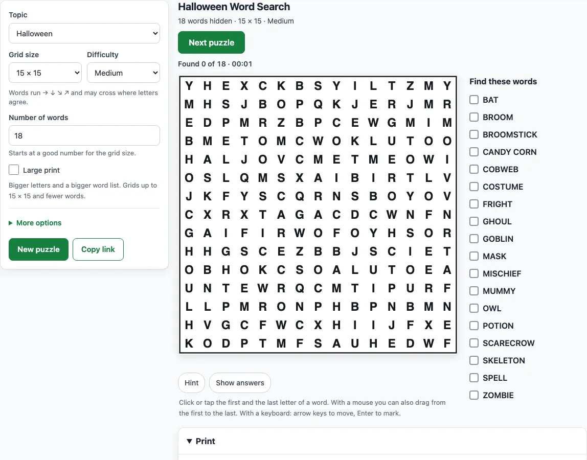 Halloween word search example
