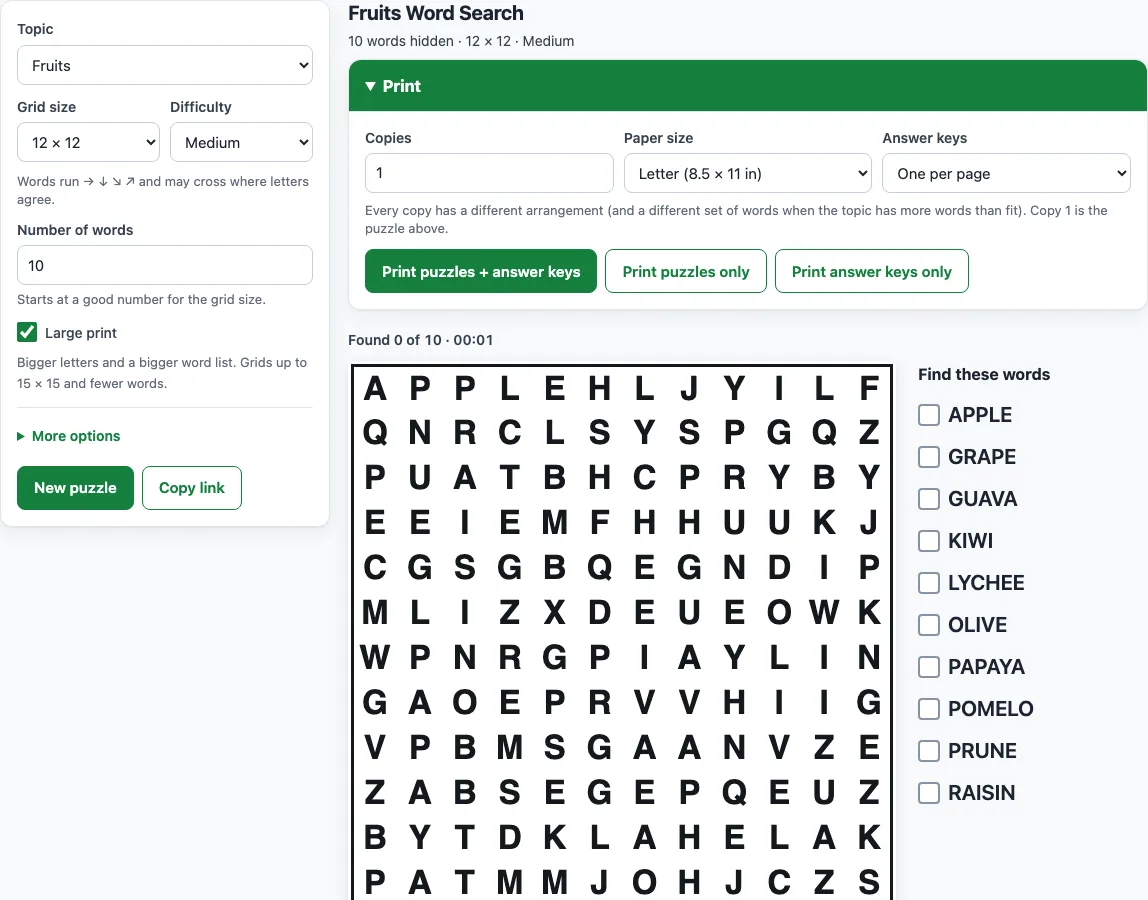 Large print word search example
