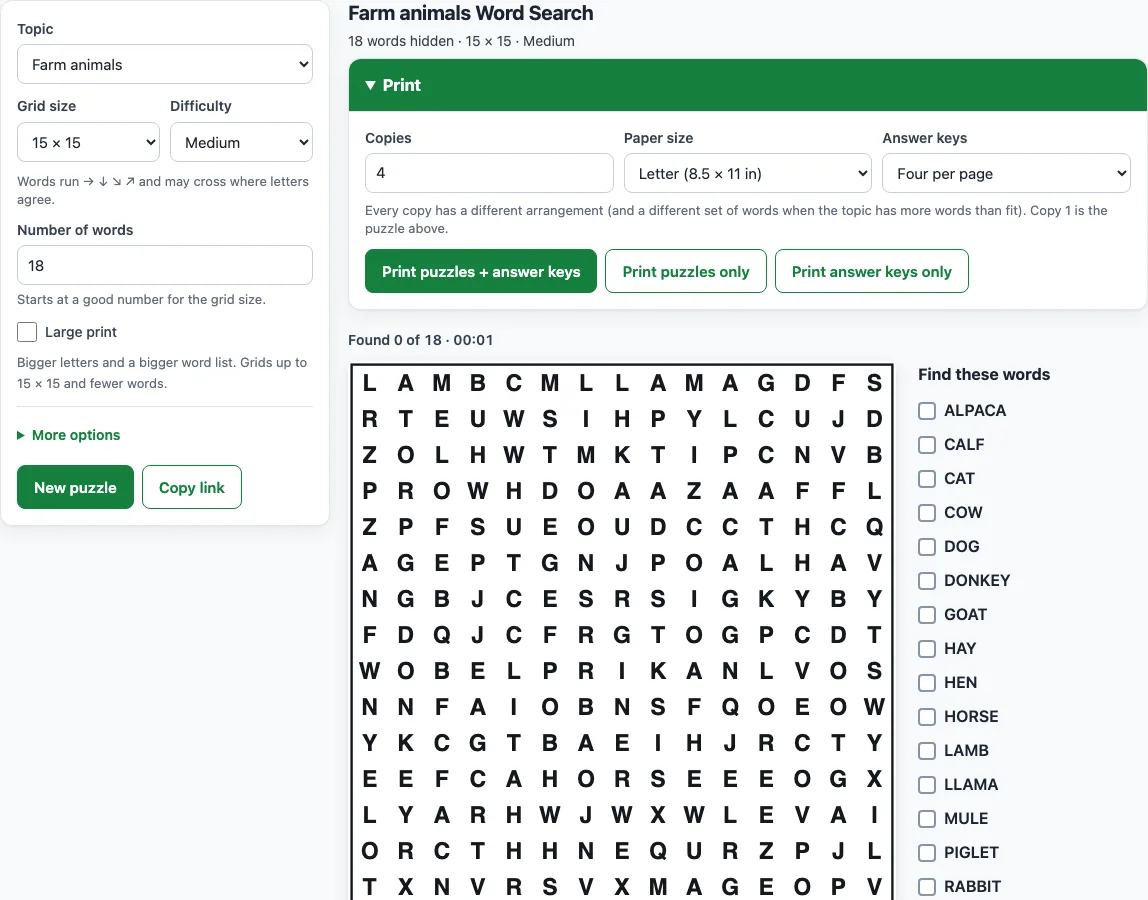 Word search puzzles example