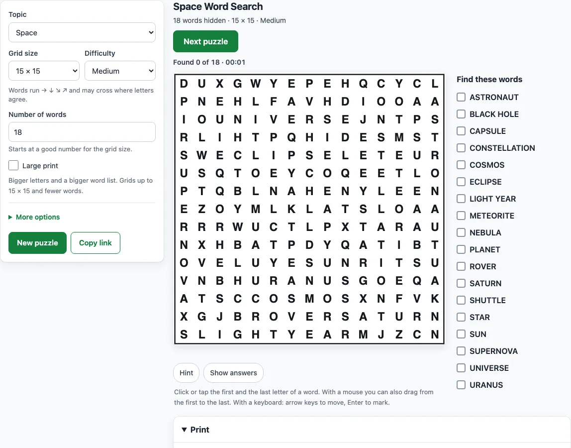 Space word search example