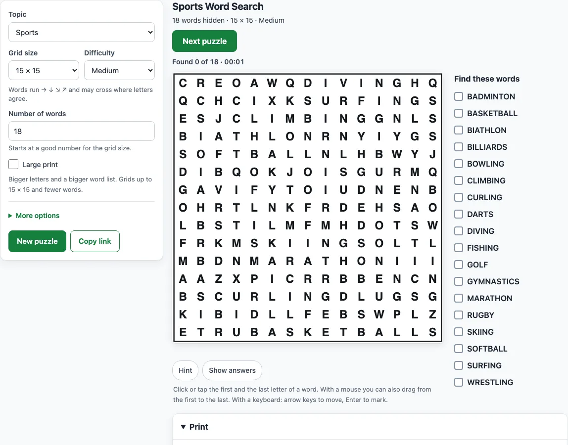 Sports word search example