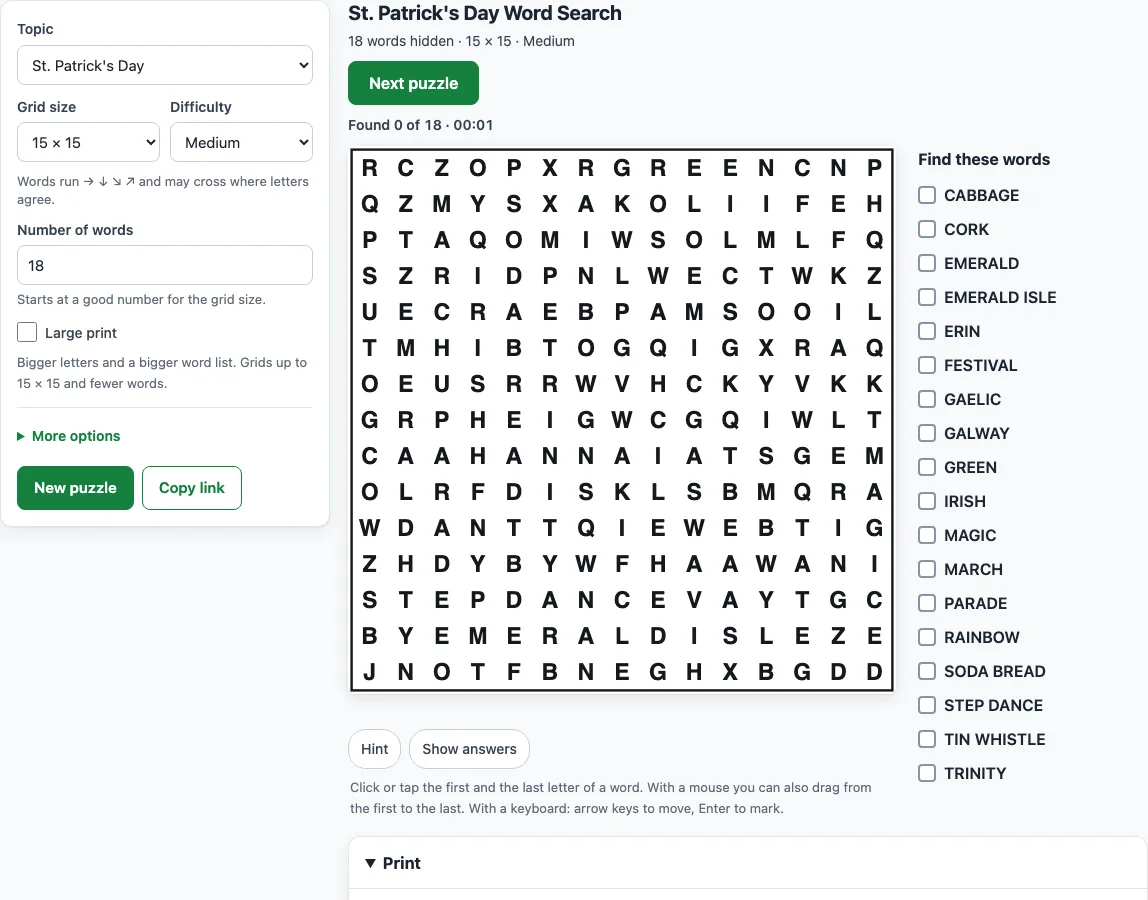 St patricks day word search example