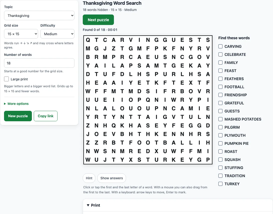 Thanksgiving word search example