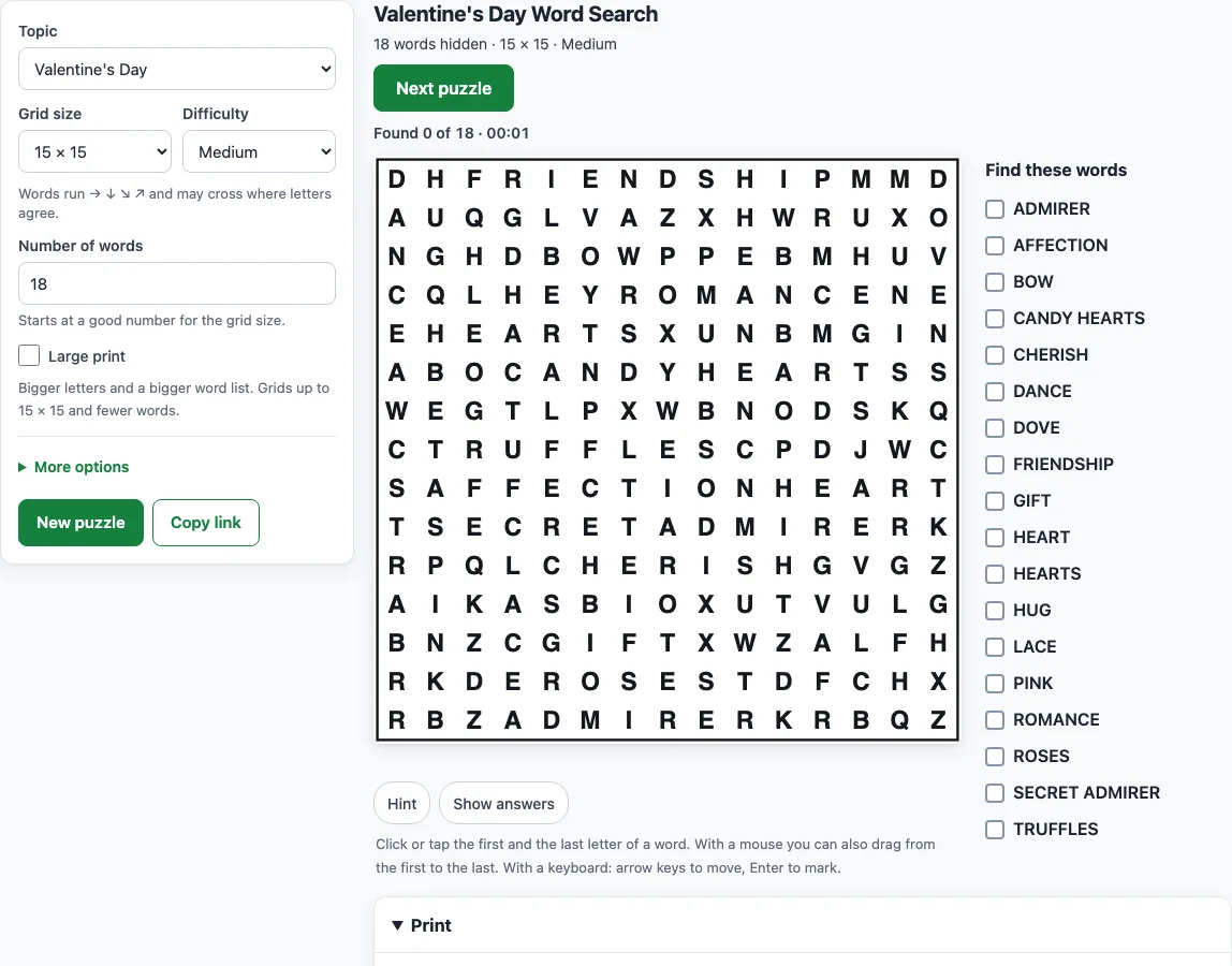 Valentines word search example