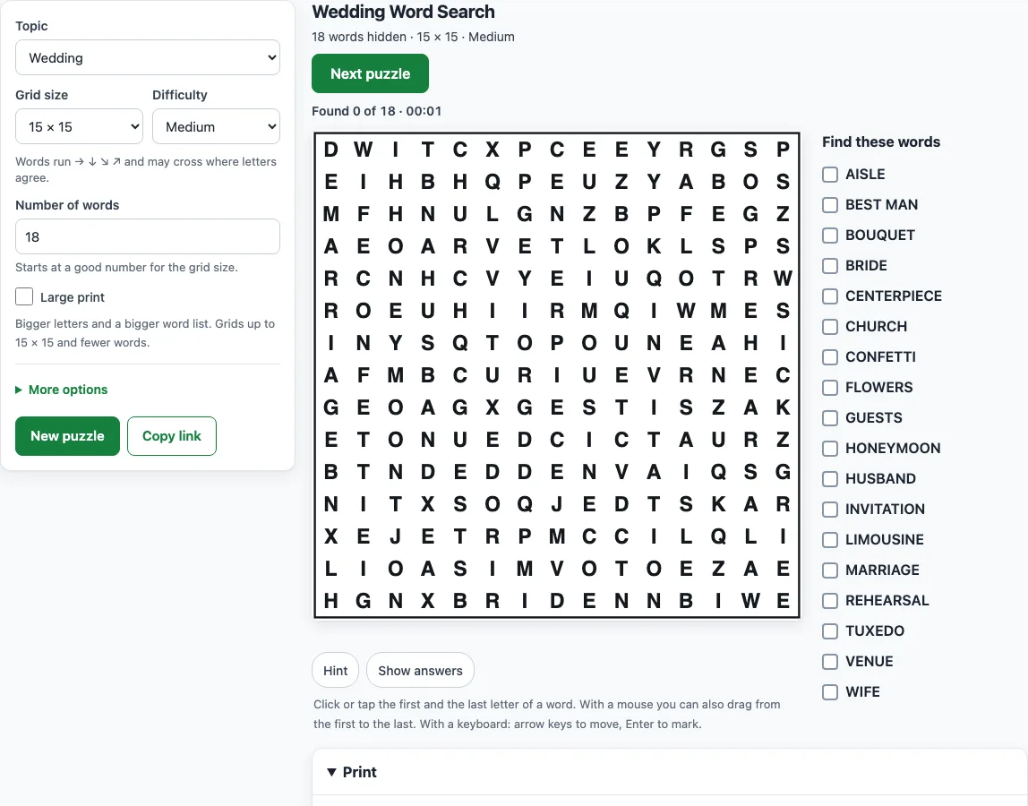 Wedding word search example