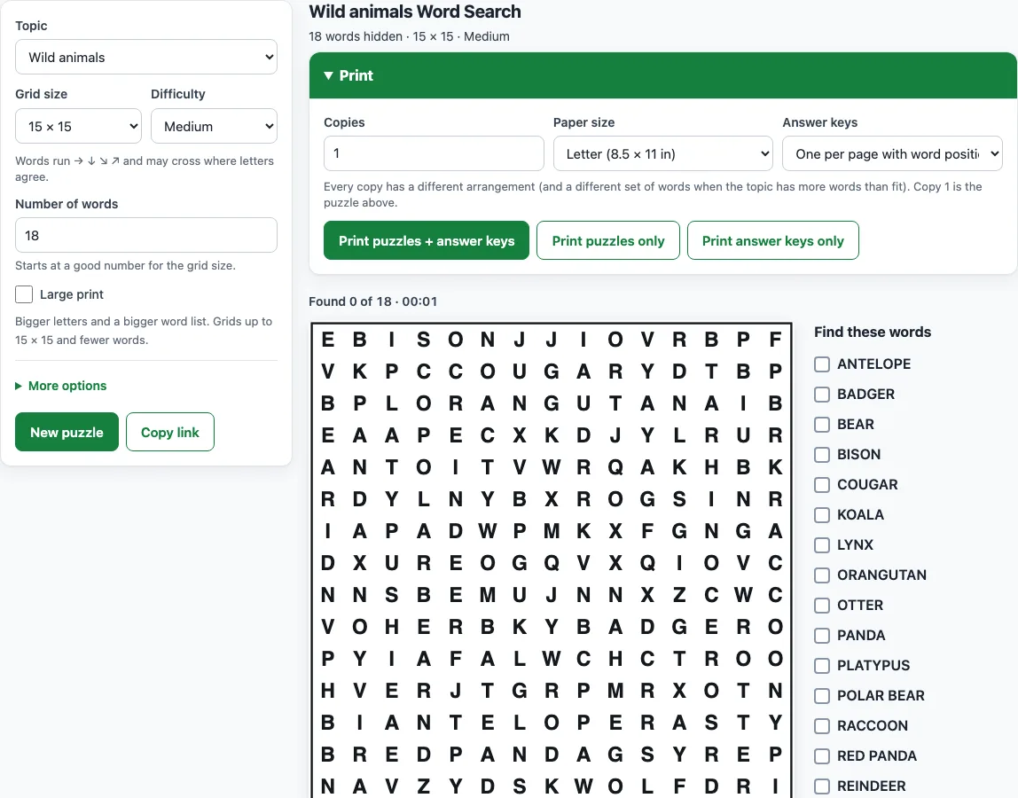 Word search with answers example